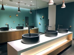 A contemporary bathroom with three sinks arranged neatly beneath a large mirror, highlighting a sleek aesthetic.