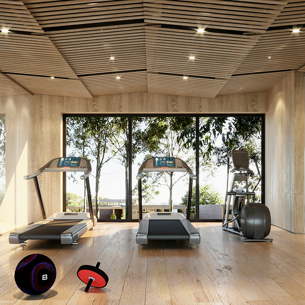 Espace fitness lumineux avec appareils de sport où l’expérience olfactive crée une atmosphère agréable et énergisante.